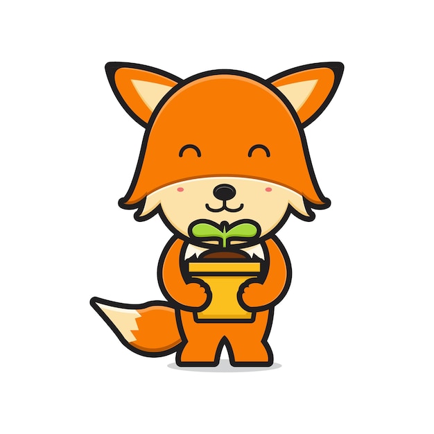 Cute fox holding plant cartoon icon vector illustration. Design isolated on white. Flat cartoon style.