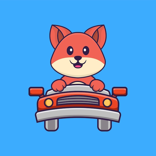 Cute fox is driving. Animal cartoon concept isolated. Flat Cartoon Style