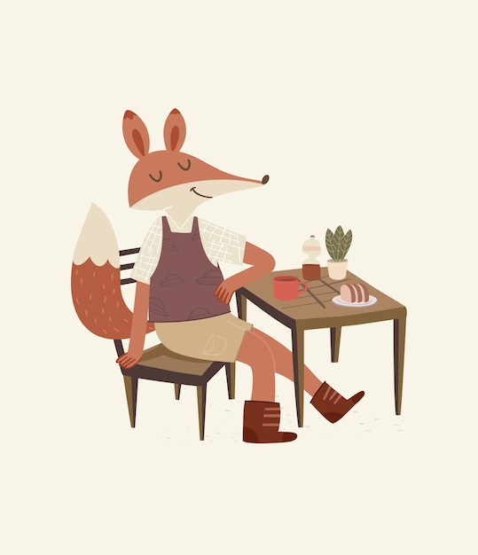 Cute fox just alone with a coffee illustration