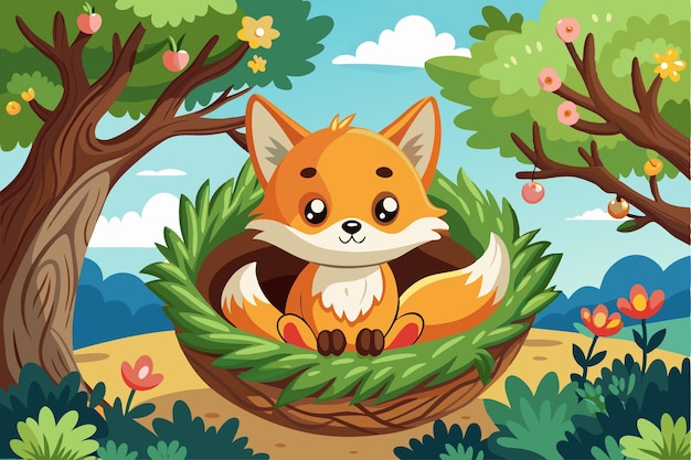 Vector a cute fox lounges comfortably in a leafy nest surrounded by cheerful trees and colorful flowers fox is nesting in the tree cartoon illustration cute sticker