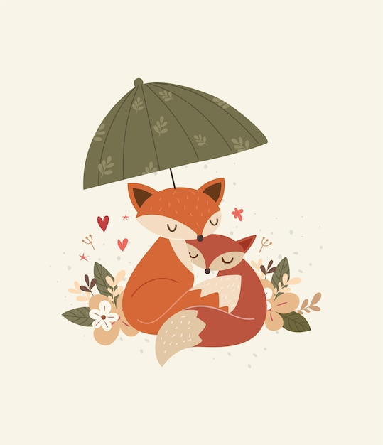 Cute fox mom hug baby fox illustration