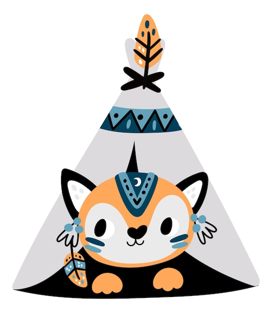 Cute fox in native american tent Animal in tepee print