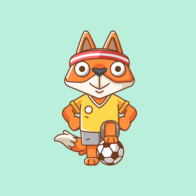 Cute fox play soccer player animal kawaii chibi character mascot illustration outline style design