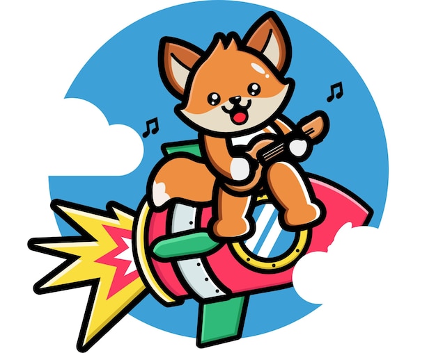 Cute fox playing guitar on the rocket