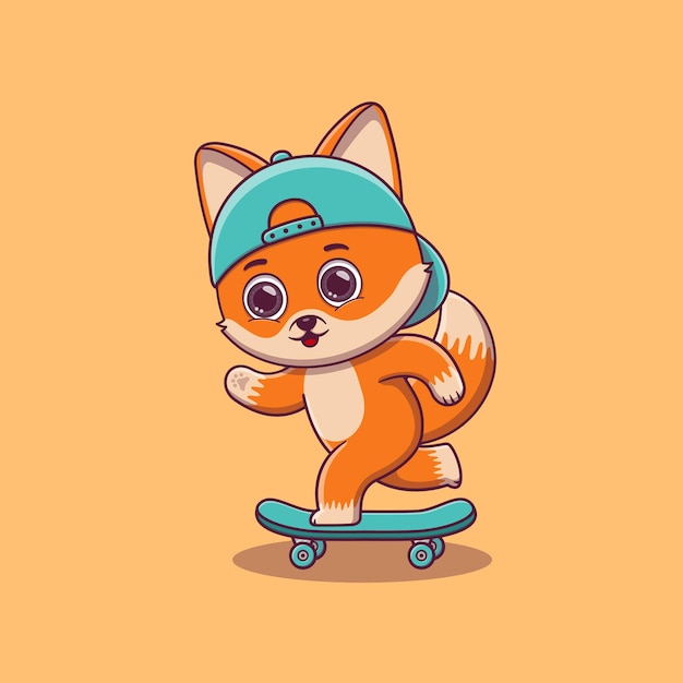 cute fox playing skateboard cartoon