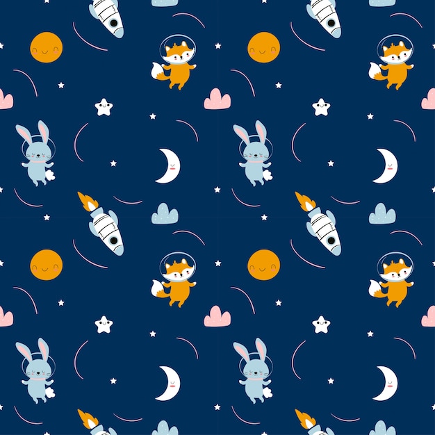 Cute fox and rabbit astronaut cartoon seamless pattern