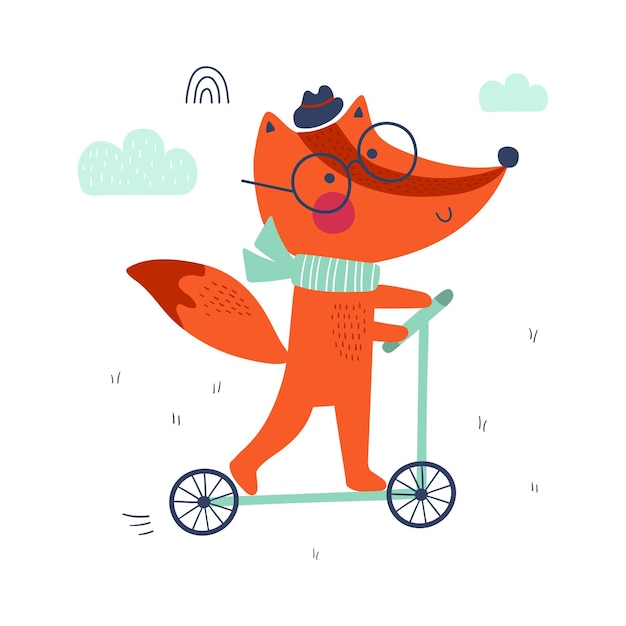 Cute fox on a scooter Kids print Vector illustrations