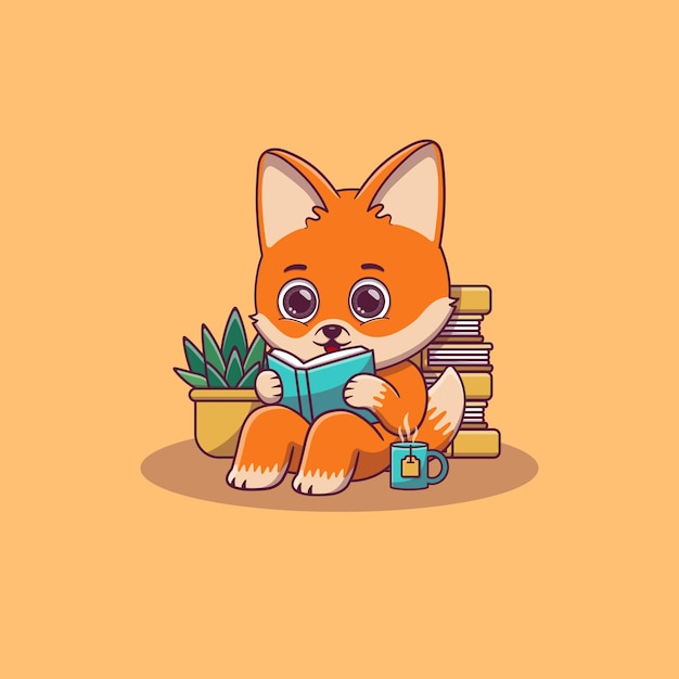 Cute fox sitting while reading book