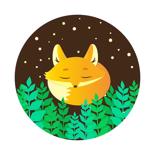 Cute fox sleeps curled up at night in the grass in the meadow Stars burn or fireflies shine Illustration in the circle