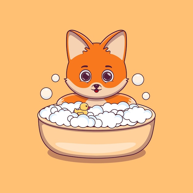 Cute fox taking bath with duck toy and bubbles