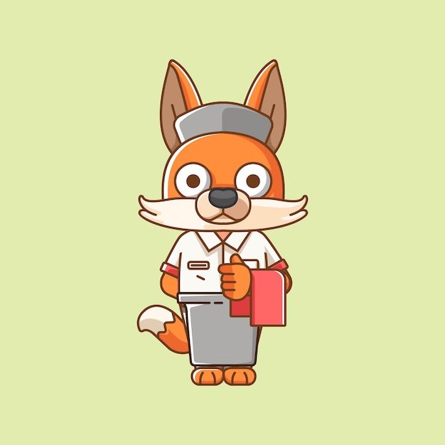 Cute fox waiter animal kawaii chibi character mascot illustration outline style design