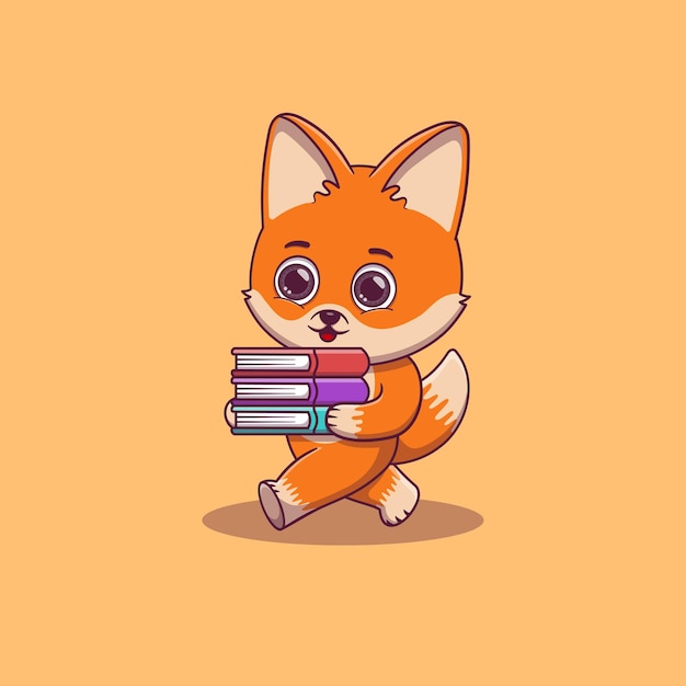 Cute fox walking and bring some books