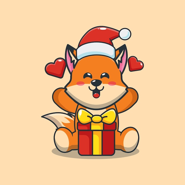 Cute fox wearing santa hat with gift box in christmas day Cute christmas cartoon illustration