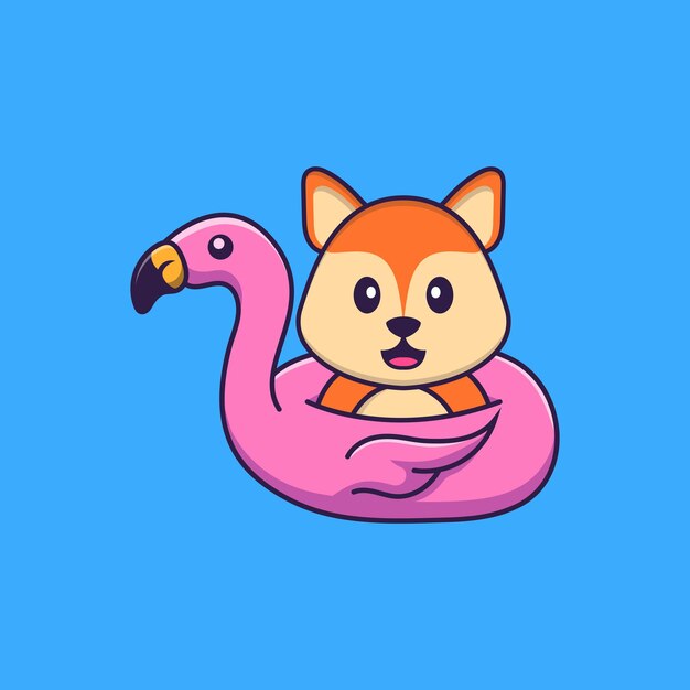 Vector cute fox with flamingo buoy. animal cartoon concept isolated. flat cartoon style