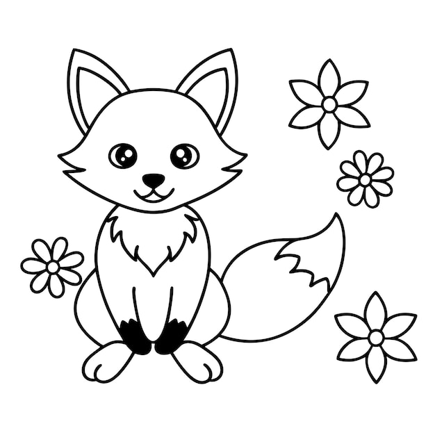 Vector cute fox with flower line art