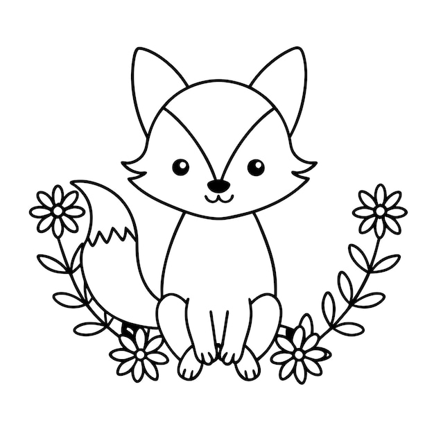 Vector cute fox with flower line art