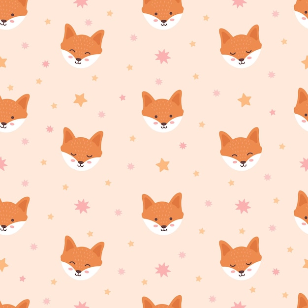 Cute fox with stars seamless pattern Light background Pastel concept Cute cartoon Kawaii character