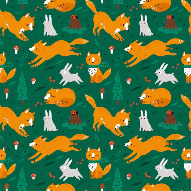 Cute foxes and bunnies seamless pattern Kids print with funny animals Red forest dwellers Scandinavian nature Baby wallpaper Cartoon woodland vixens and hares Vector green background