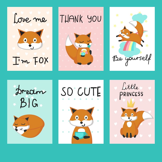 Cute foxes cards vector template set