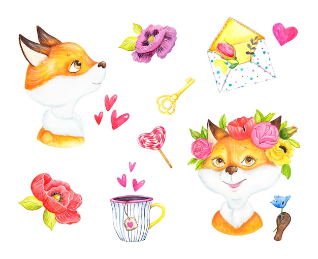 Cute foxes, Valentine's day, romance, watercolor illustration