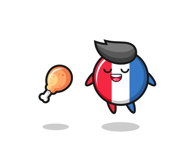 Cute france flag badge floating and tempted because of fried chicken