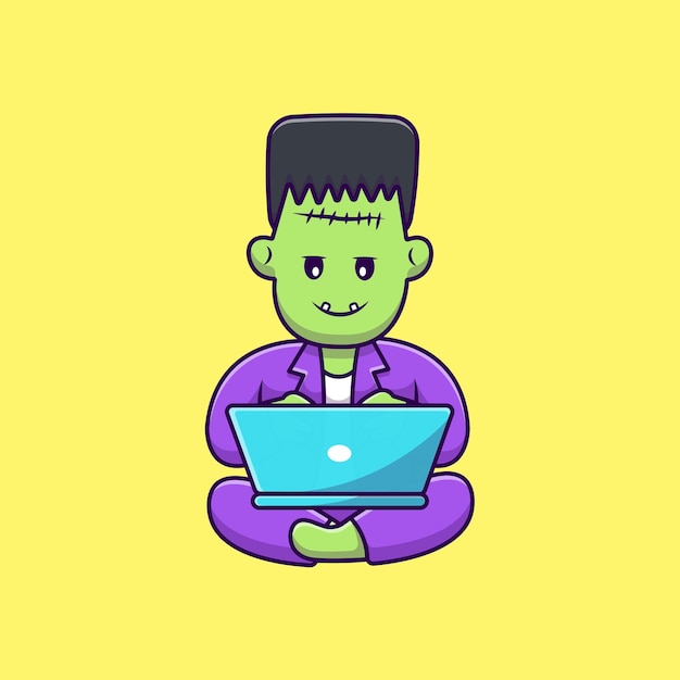 Cute Frankenstein Working On Laptop Cartoon