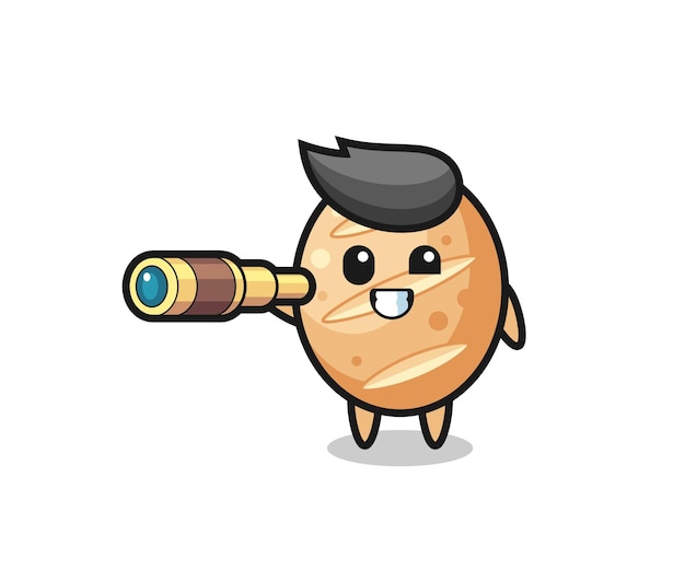 Cute french bread character is holding an old telescope