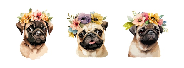 Cute French Bulldog watercolor isolated on white background Cute portrait of dog with beautiful spring or summer flowers set Vector illustration