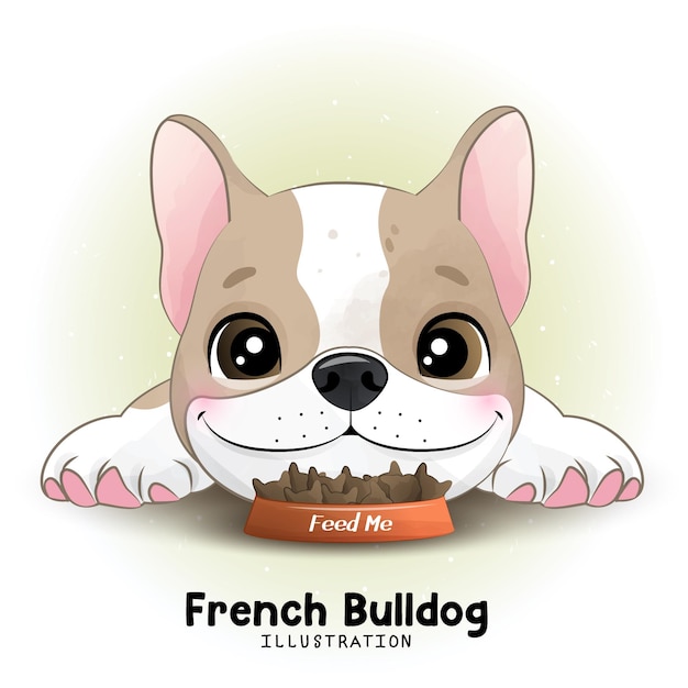 Cute French Bulldog with watercolor illustration