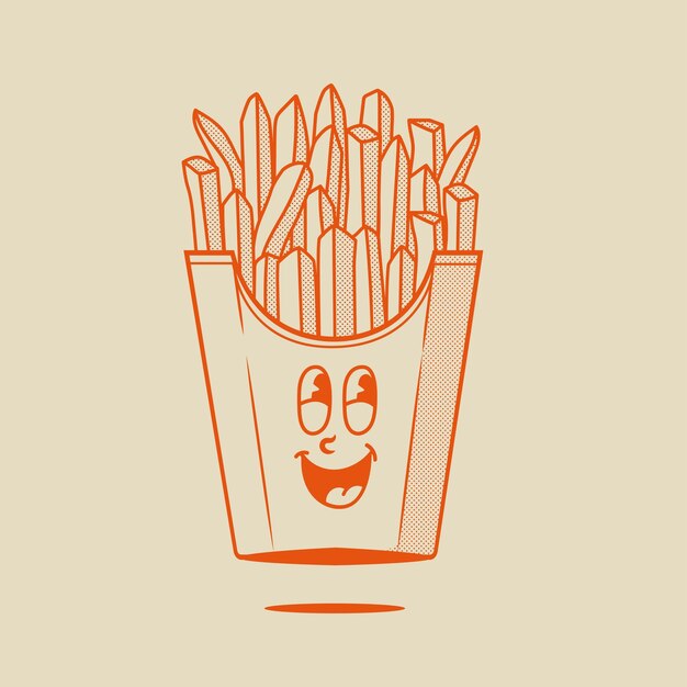 Vector cute french fries character, retro mascot character