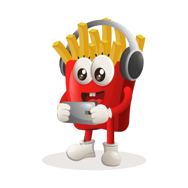 Cute french fries mascot playing game mobile wearing headphones