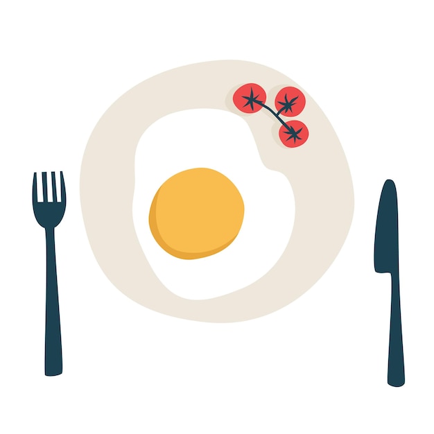 Cute fried eggs with cherry tomatoes. Breakfast concept. Fried egg on a plate with a fork and knife. Isolated on a white background.