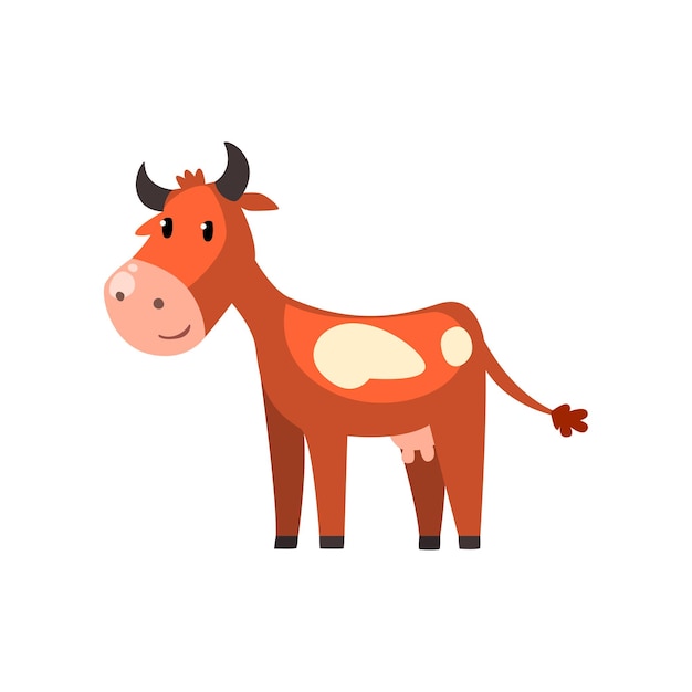 Cute friendly brown spotted cow cartoon character vector Illustration isolated on a white background