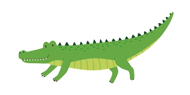 Cute friendly green crocodile with raised tail. Side view of happy smiling alligator isolated on white background. African wild gator. Childish colored flat cartoon vector illustration.