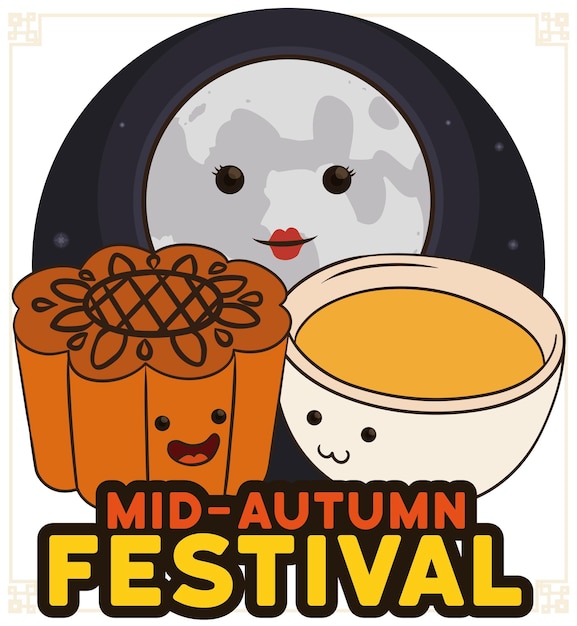 Cute friends celebrating Chinese MidAutumn Festival mooncake cup of tea and pretty full moon