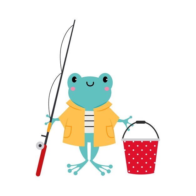 Vector cute frog as forest animal in coat with bucket and fishing rod vector illustration