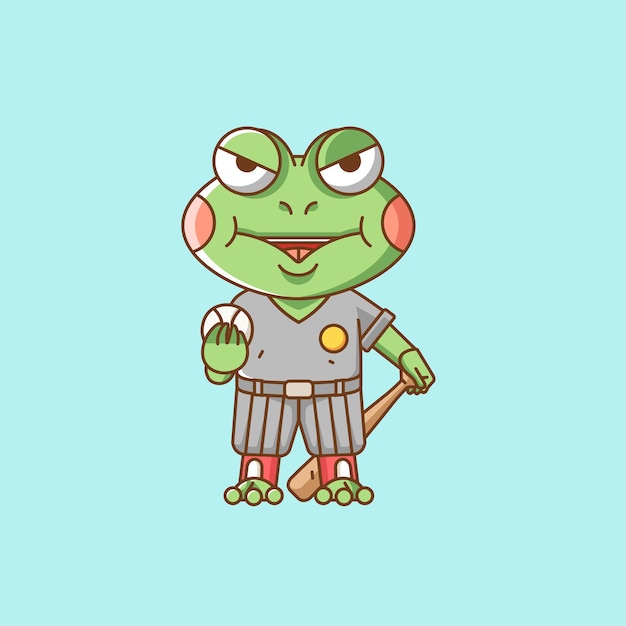 Cute frog Baseball player animal kawaii chibi character mascot illustration outline style design