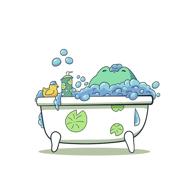 Vector cute frog bathing illustration