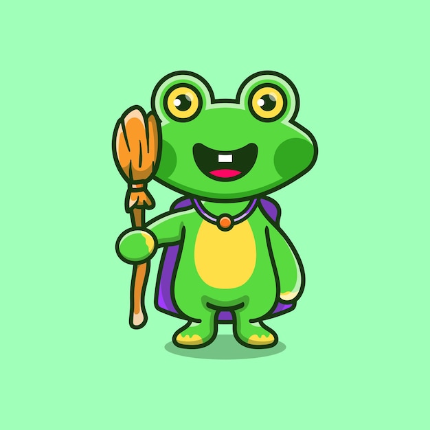 Cute frog carrying flying broom