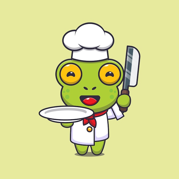 cute frog chef mascot cartoon character with knife and plate