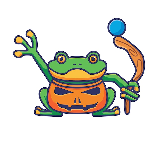 Cute frog costume with pumpkin. Isolated cartoon animal Halloween illustration. Flat Style suitable for Sticker Icon Design Premium Logo vector. Mascot character