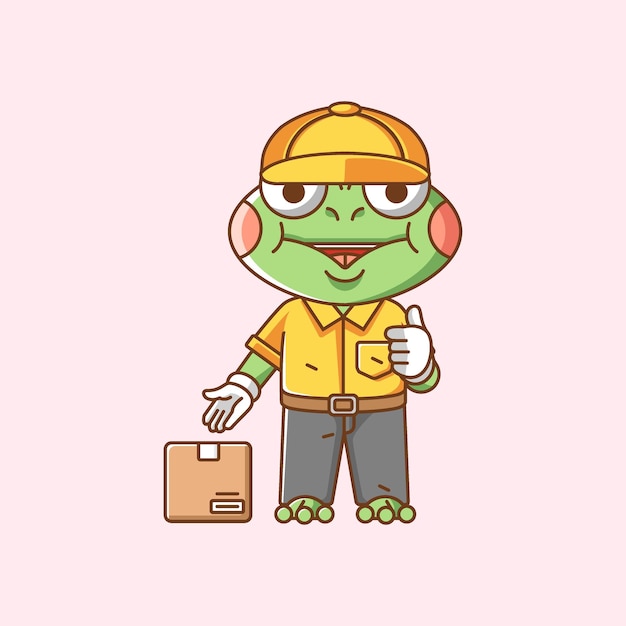 Cute frog courier package delivery animal chibi character mascot icon line art style illustration