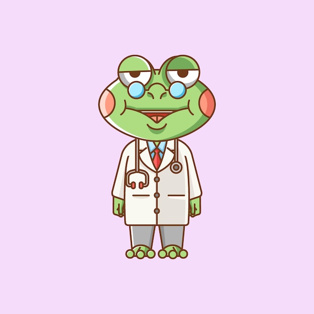 Cute frog doctor medical personnel chibi character mascot icon flat line art style illustration