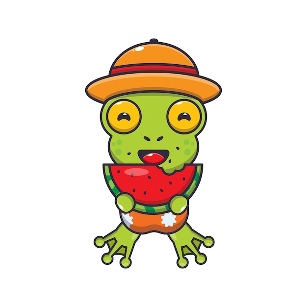 Cute frog eating fresh watermelon cartoon illustration.