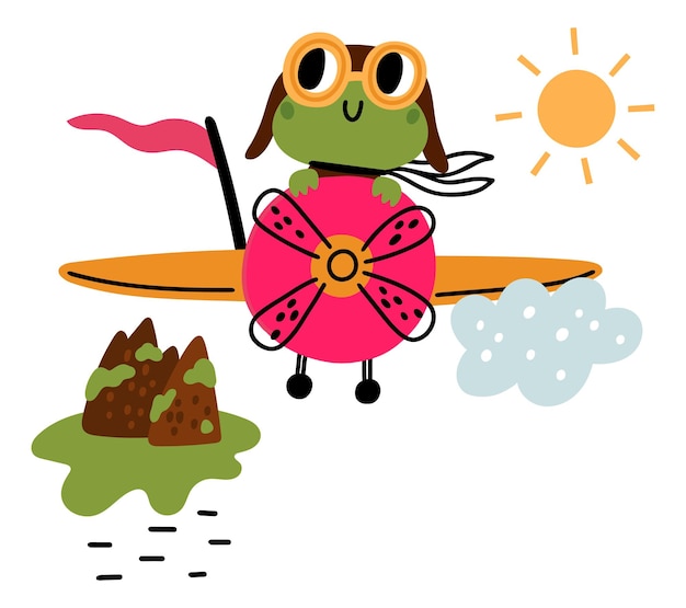 Cute frog pilot in flying airplane Cartoon animal character