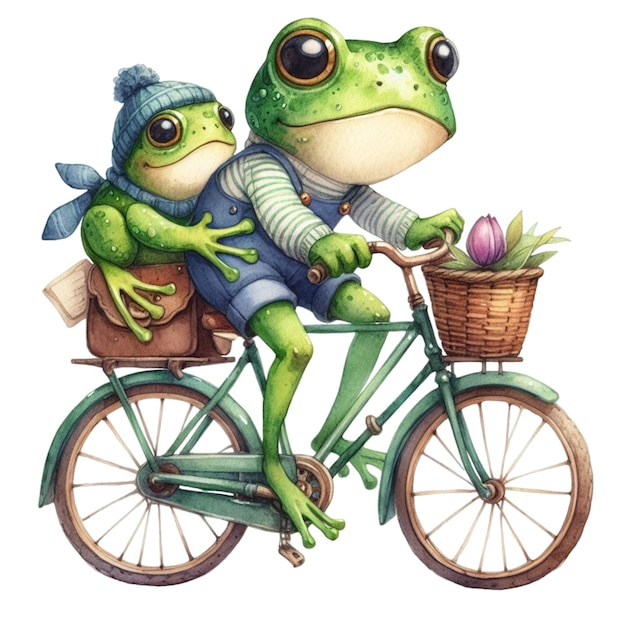 Cute frog riding a bicycle clipart watercolor