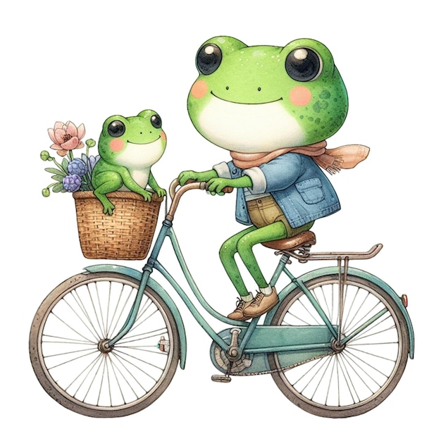 Cute frog riding a bicycle clipart watercolor