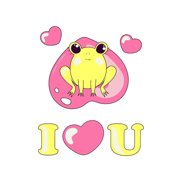 Cute Frog Sits on a Heart Shaped Leaf Character for Day of Valentine Declaration of Love Text I Love You