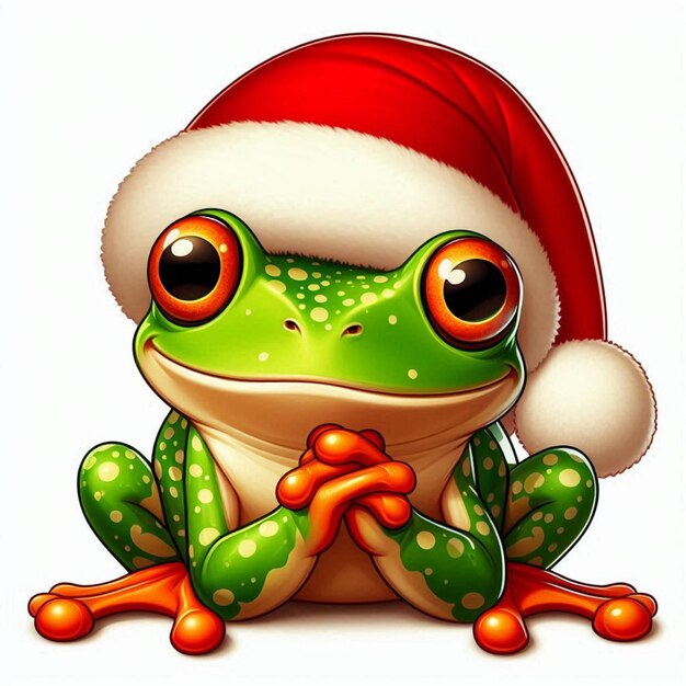 Vector a cute frog sitting christmas holiday santa hat vector cartoon illustration white background