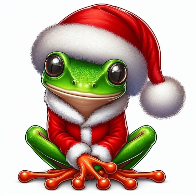 Vector a cute frog sitting christmas holiday santa hat vector cartoon illustration white background